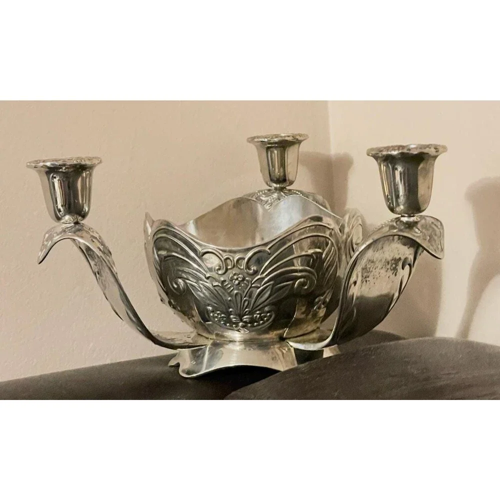 Vintage Silver Plated Centerpiece Bowl with 3 Candle Holders Table Decor
